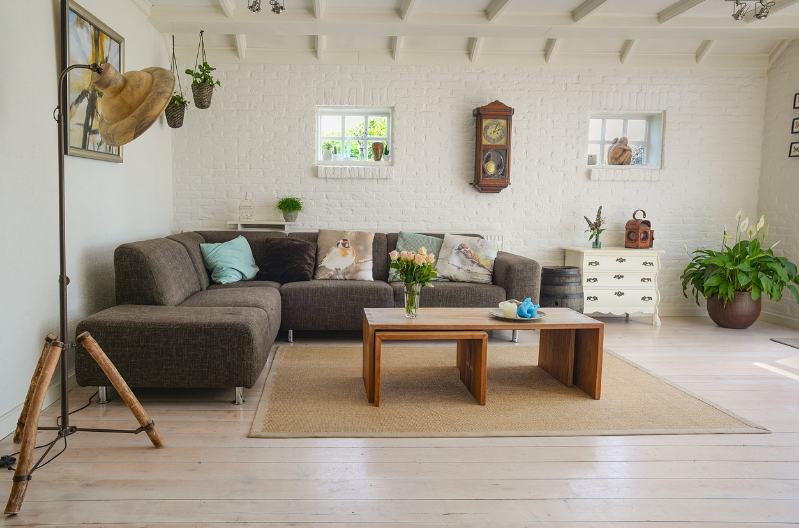 Coffee table in the center of a living room