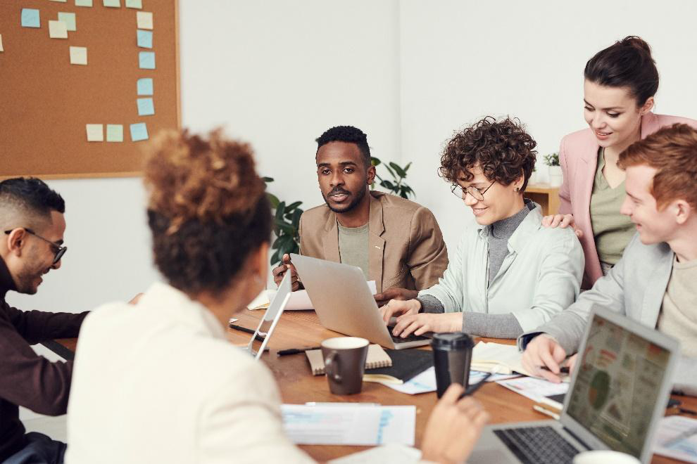 Employees using laptops 